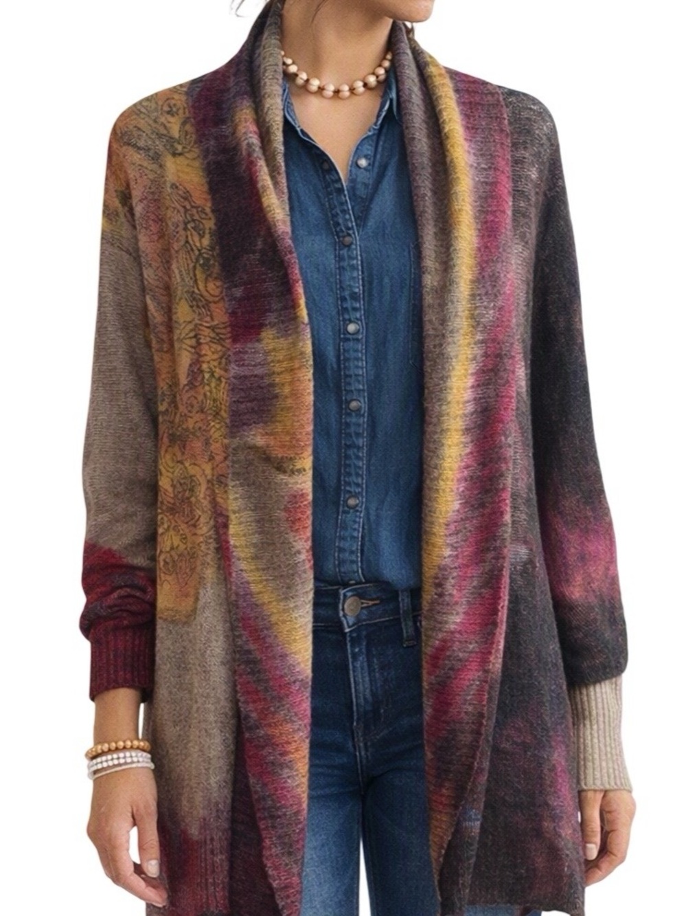 Adore Coatigan Long Line Sweater Shawl Wrap Collar Mohair Wool Burgundy Brown L